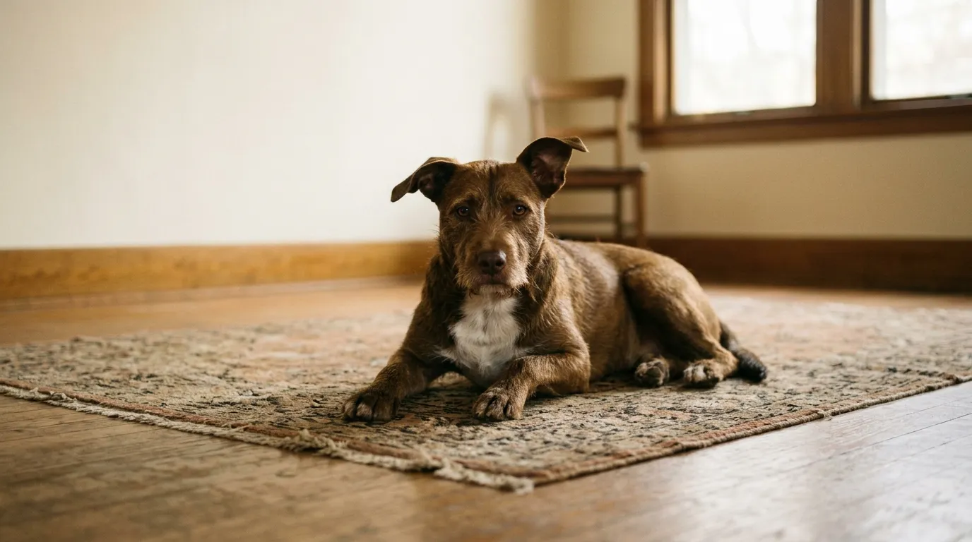 A brown mixed-breed dog lying on a worn rug in a quiet living room.