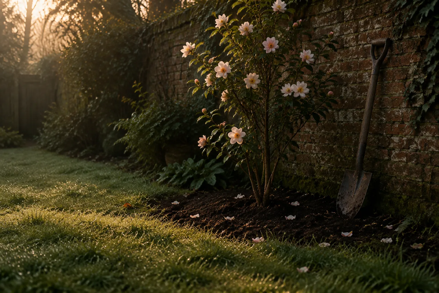 A small patch of freshly turned earth beneath a shrub in a quiet garden corner, a spade leaning on the wall. AI-made illustration.
