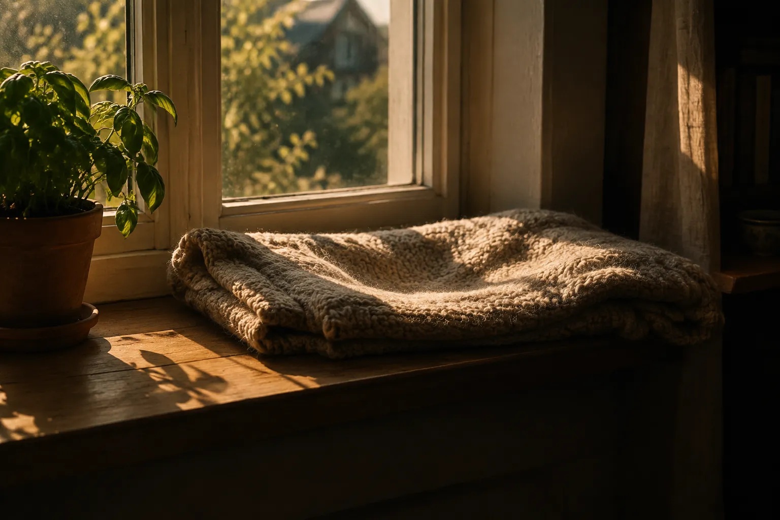 An empty folded blanket on a sunny windowsill, still holding the hollow where a cat used to sleep. AI-made illustration.