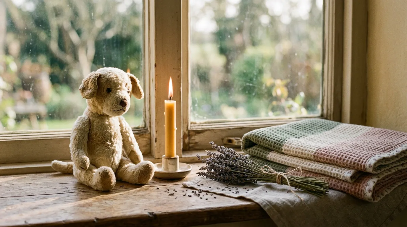 A soft toy dog beside a lit candle on a sunlit windowsill.