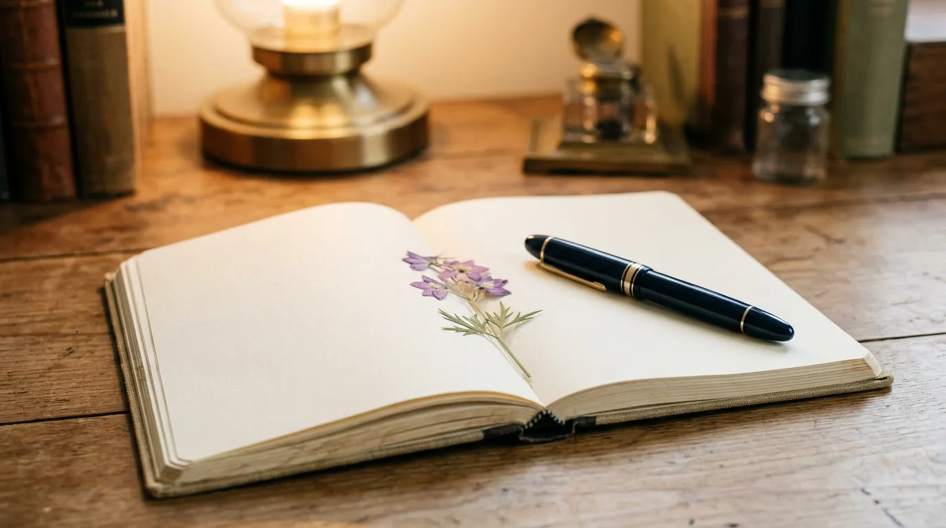 A fountain pen on a blank open notebook with a pressed flower, warm desk light.