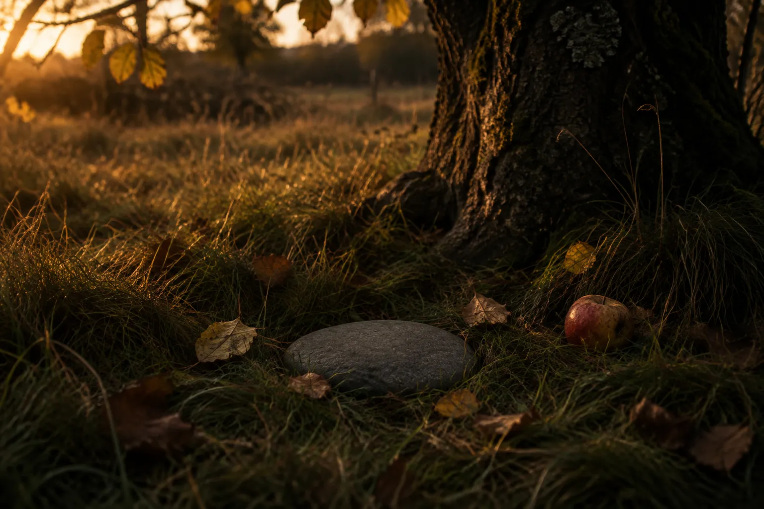 A plain smooth stone set into the lawn beneath an apple tree, fallen leaves around it in autumn light. AI-made illustration.
