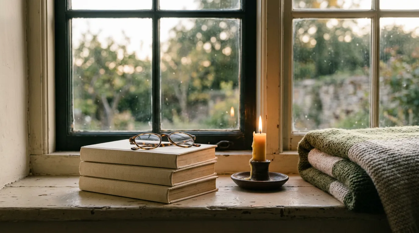 A stack of blank books, a candle and reading glasses on a quiet windowsill.