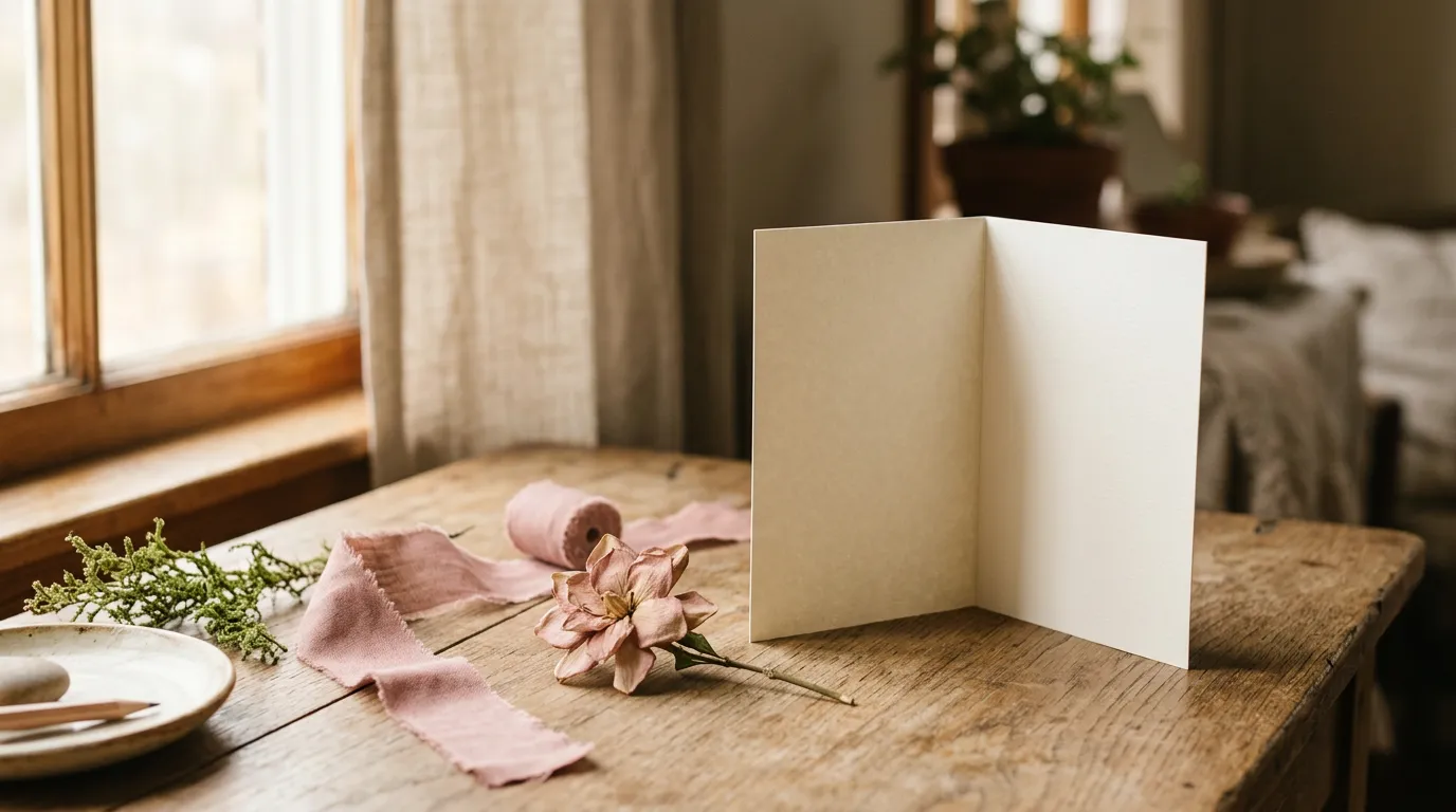 A blank cream greeting card beside a pressed flower and ribbon.