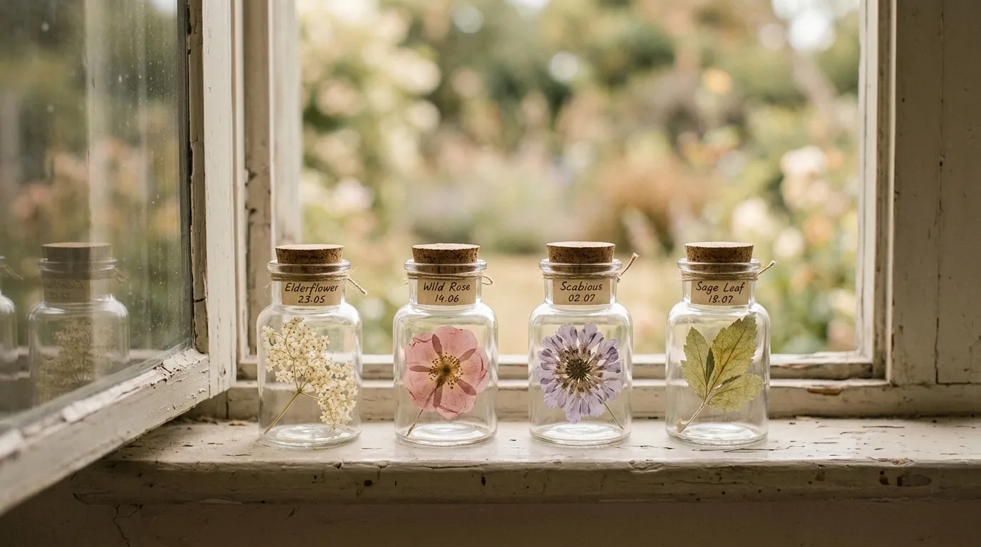 A row of small jars with pressed flowers in gently fading colour, suggesting time passing.