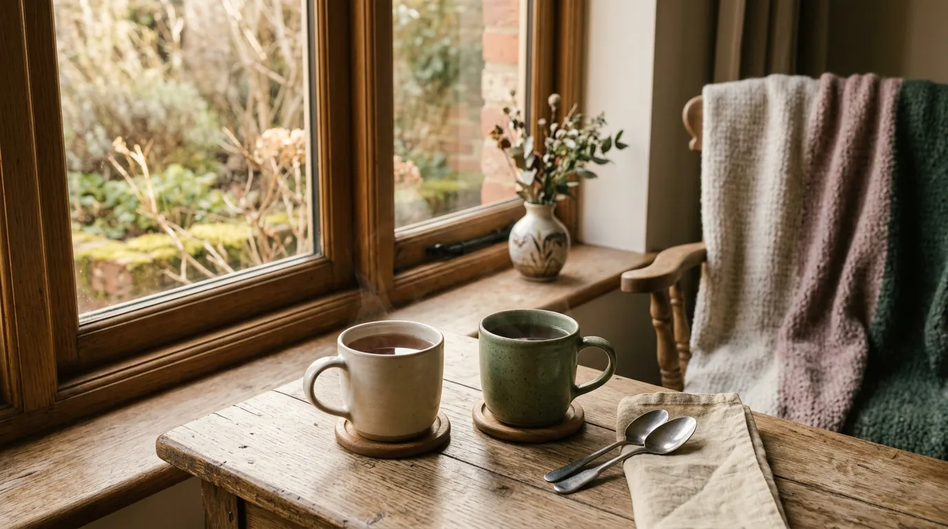 Two mugs of tea on a table by a window with a soft blanket, warm quiet light.