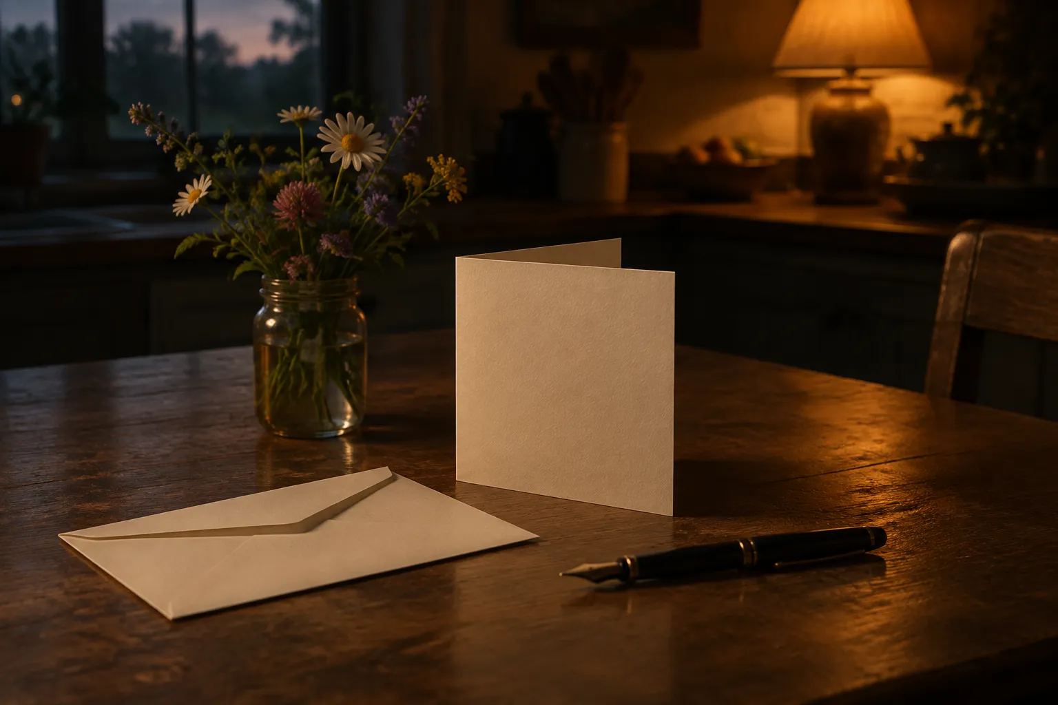 A blank cream card standing open beside an envelope, a pen and a small jar of garden flowers. AI-made illustration.