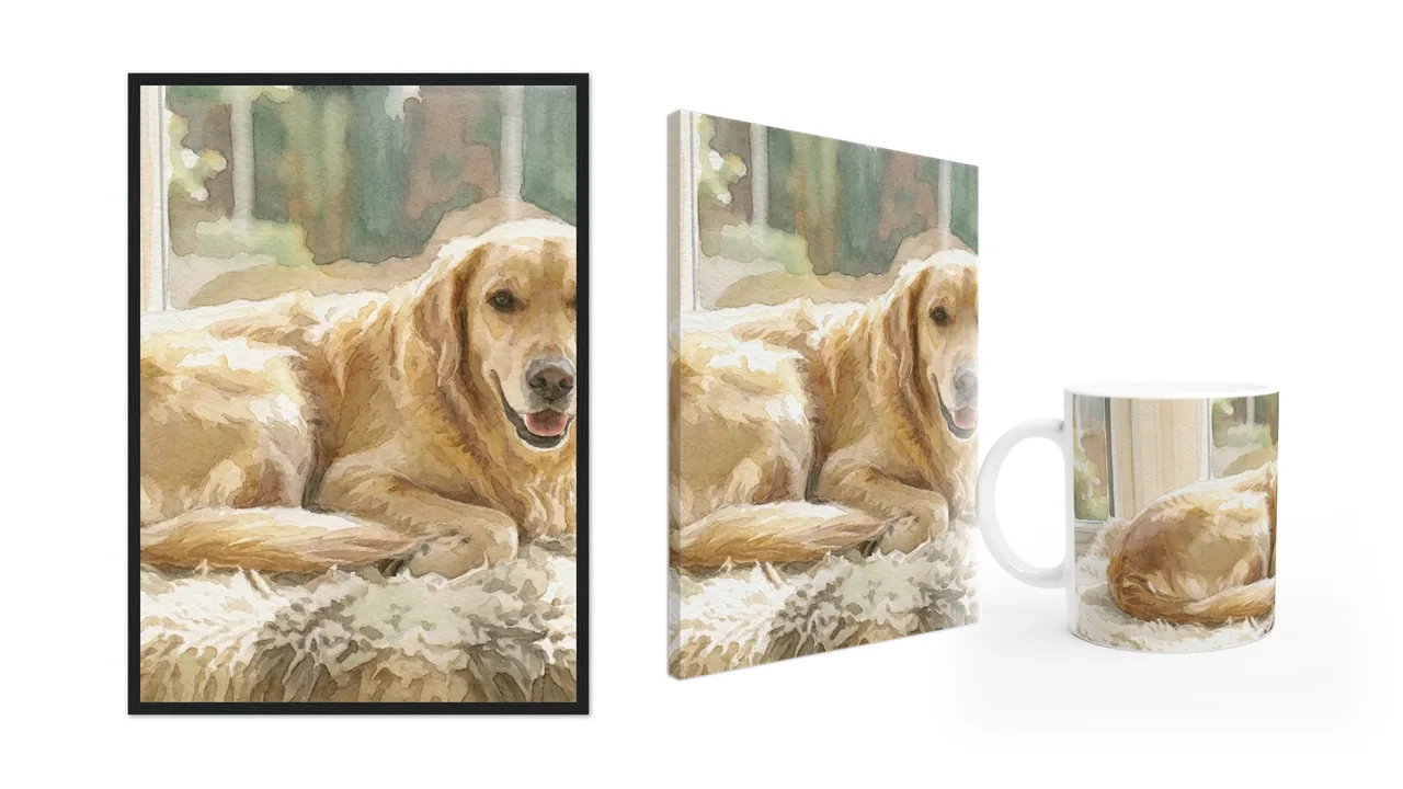 Product renders of three of our formats: a watercolour portrait of a golden retriever as a black-framed print and as a stretched canvas, and a ginger cat portrait on a white ceramic mug.
