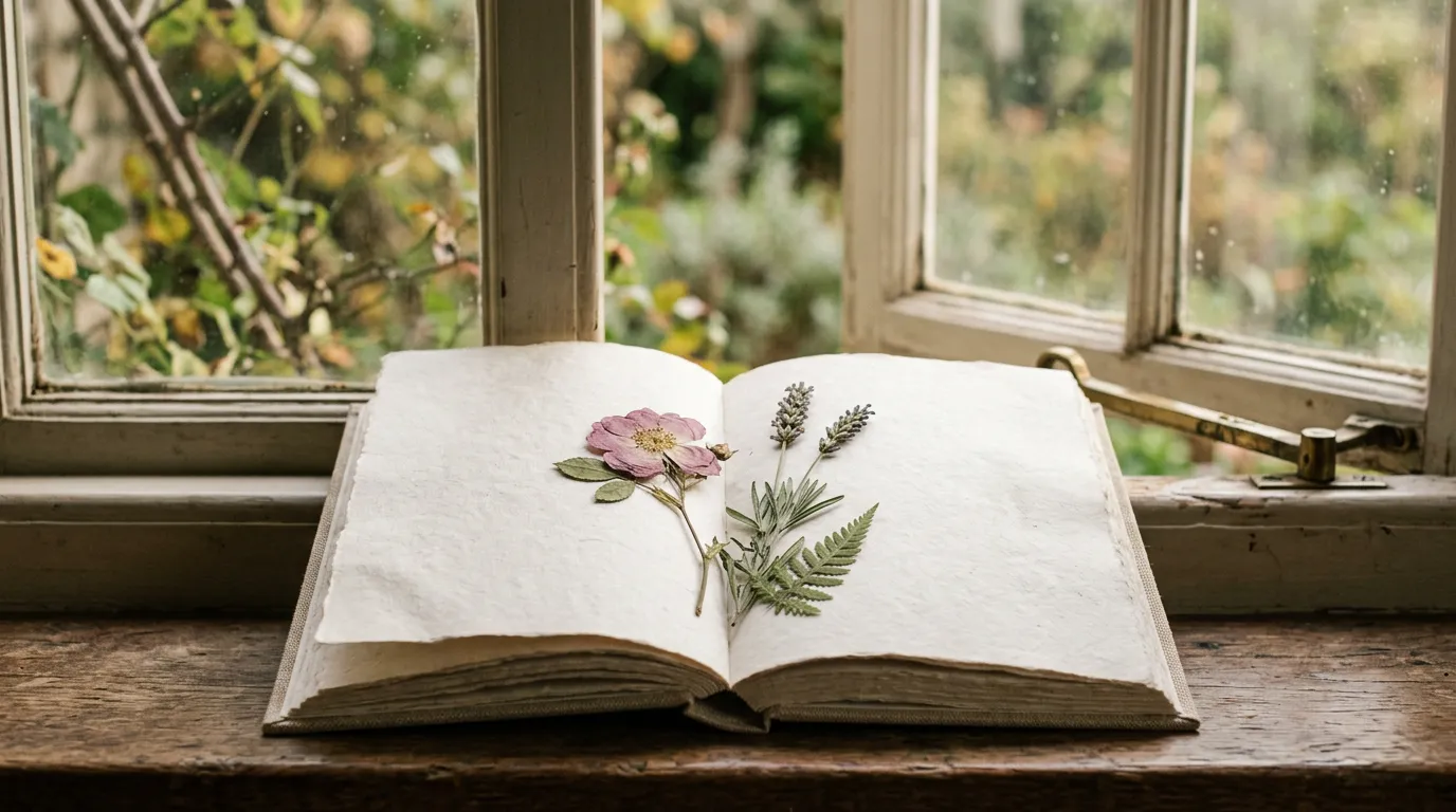An open blank book with pressed flowers between the pages, soft morning light.