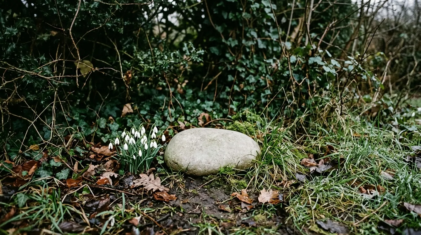 A plain uncut grey stone set into the earth at the foot of an ivy-covered garden hedge, snowdrops beside it and wet leaves on the soil. AI-made illustration.