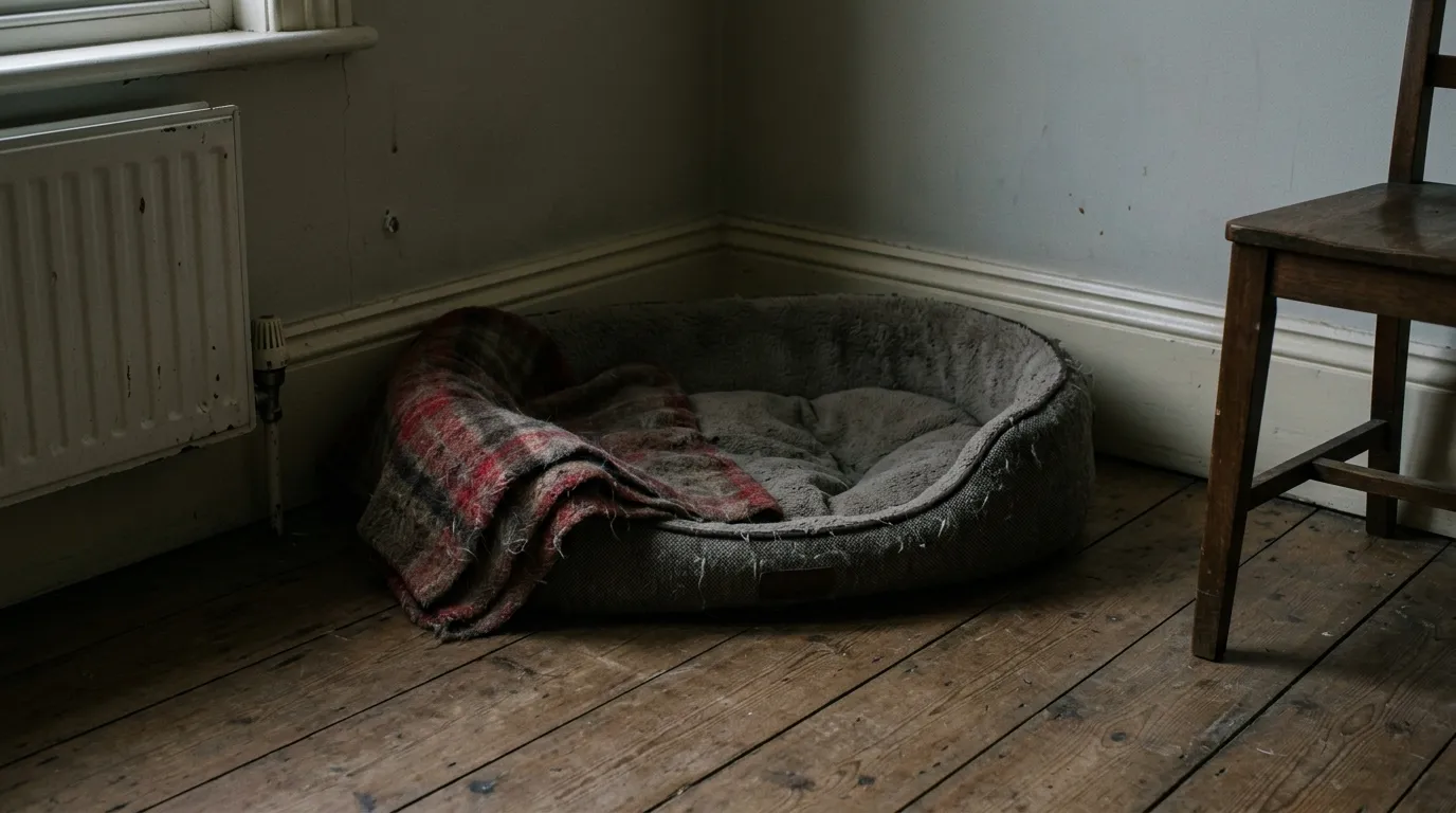 An empty dog bed beside a radiator in a dim front room, the cushion still hollowed and a worn tartan blanket folded over the edge. AI-made illustration.