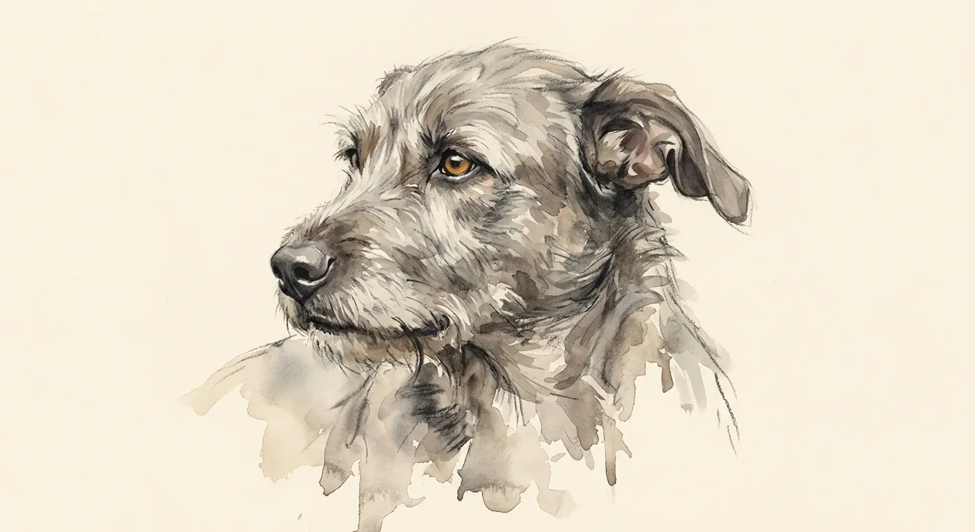 A loose watercolour and charcoal style portrait of one rough-coated mongrel dog, head and shoulders, fading out into bare cream paper at the edges. AI-made illustration.