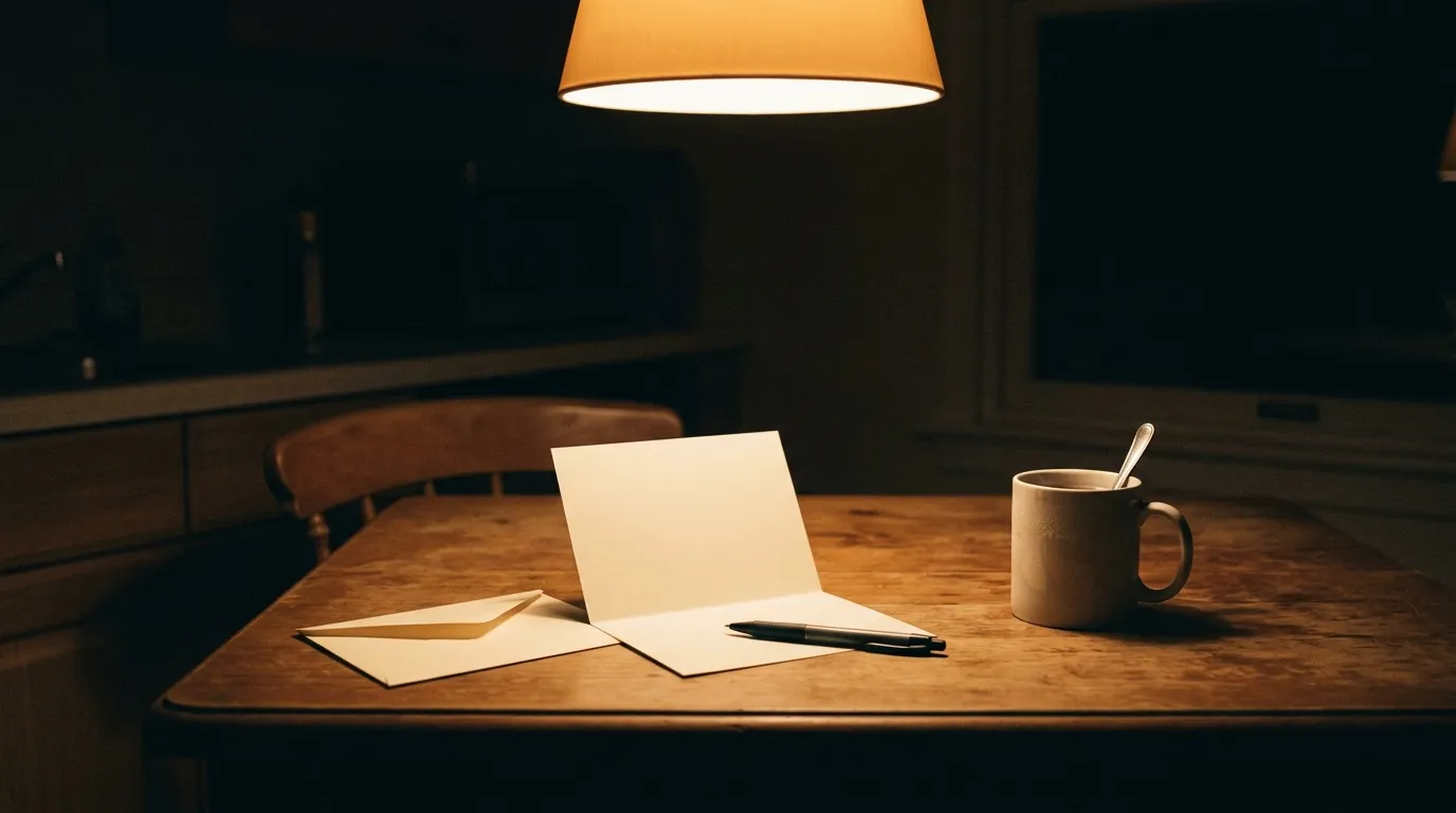 A blank cream card standing open on a kitchen table under a hanging lamp, an unsealed envelope, a pen and a mug with a spoon in it. AI-made illustration.