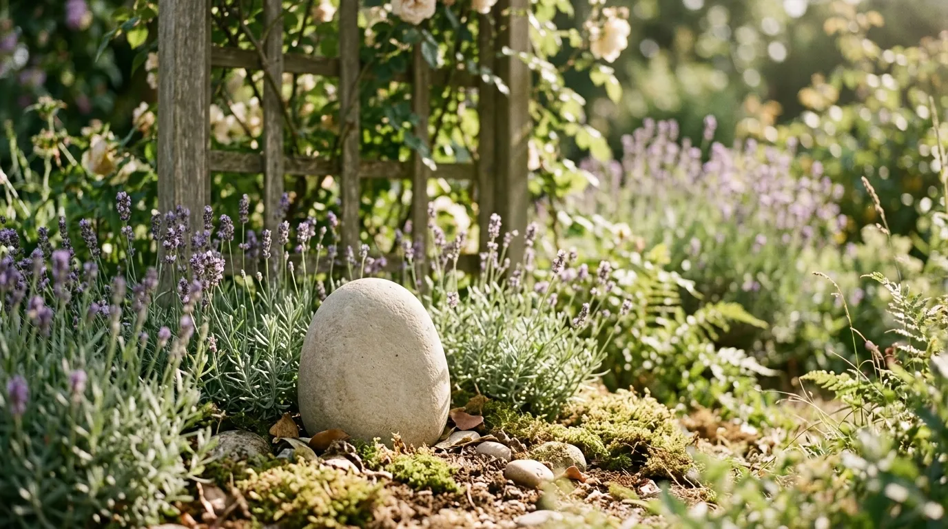 A blank stone marker among lavender in a sunlit garden corner.