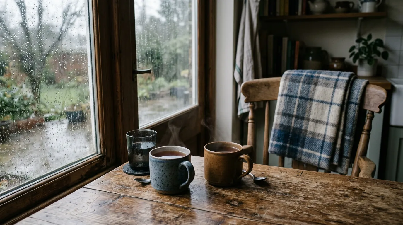 Two mugs of tea on a worn wooden table by a rain-flecked window, a checked wool blanket over the chair.