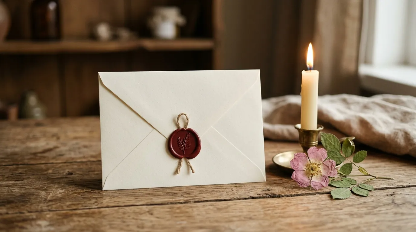 A blank envelope with a wax seal beside a candle and pressed flower.