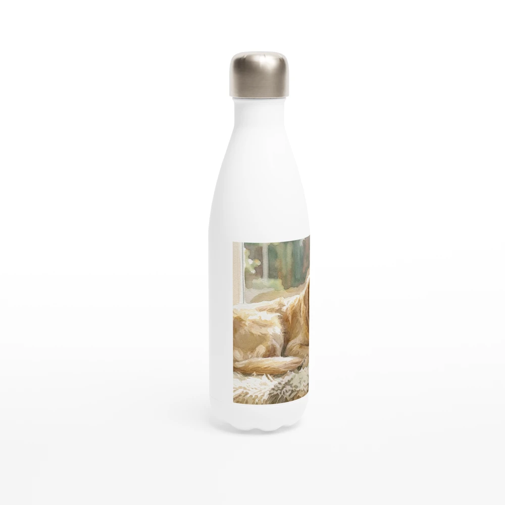 Gelato product render: a watercolour of a golden retriever resting by a window printed on a panel on the front of a white stainless steel bottle