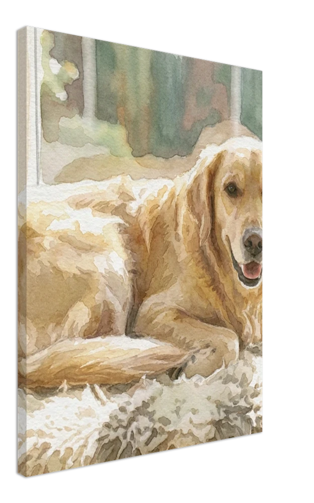 Gelato product render: a watercolour of a golden retriever resting by a window on a stretched canvas, seen at an angle