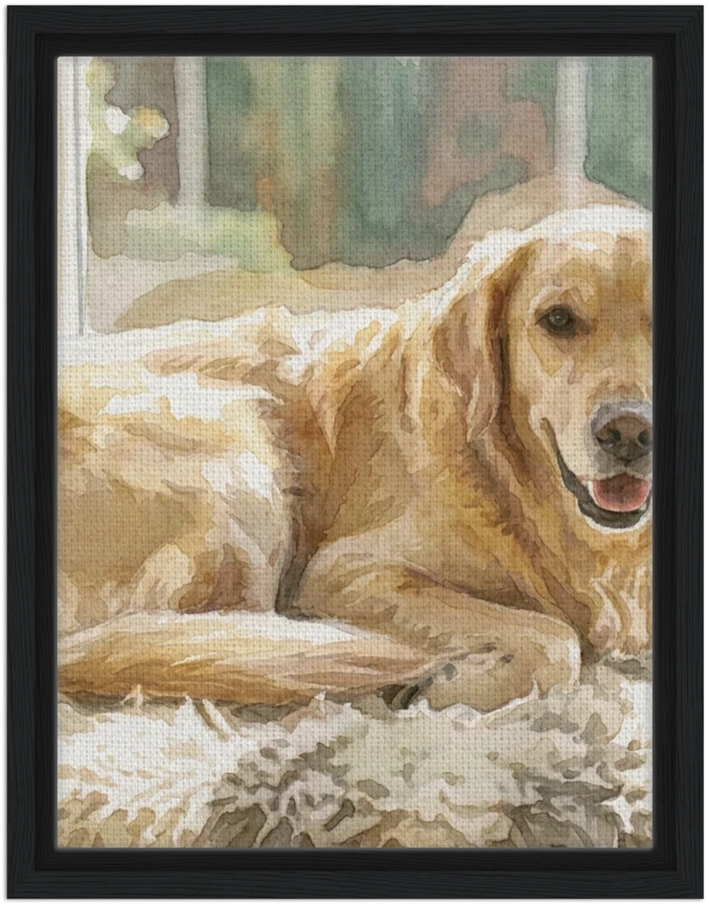 The watercolour sample as a framed canvas with a black frame