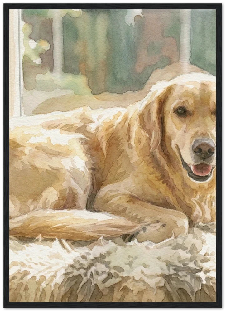 Gelato product render: a watercolour of a golden retriever resting by a window printed and framed in a black frame