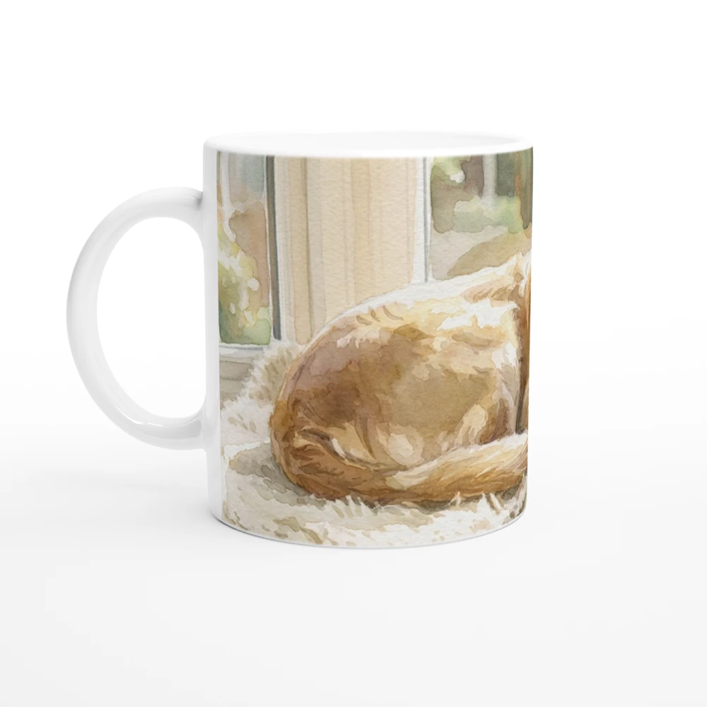 Gelato product render: a watercolour of a golden retriever resting by a window printed round the body of a white ceramic mug