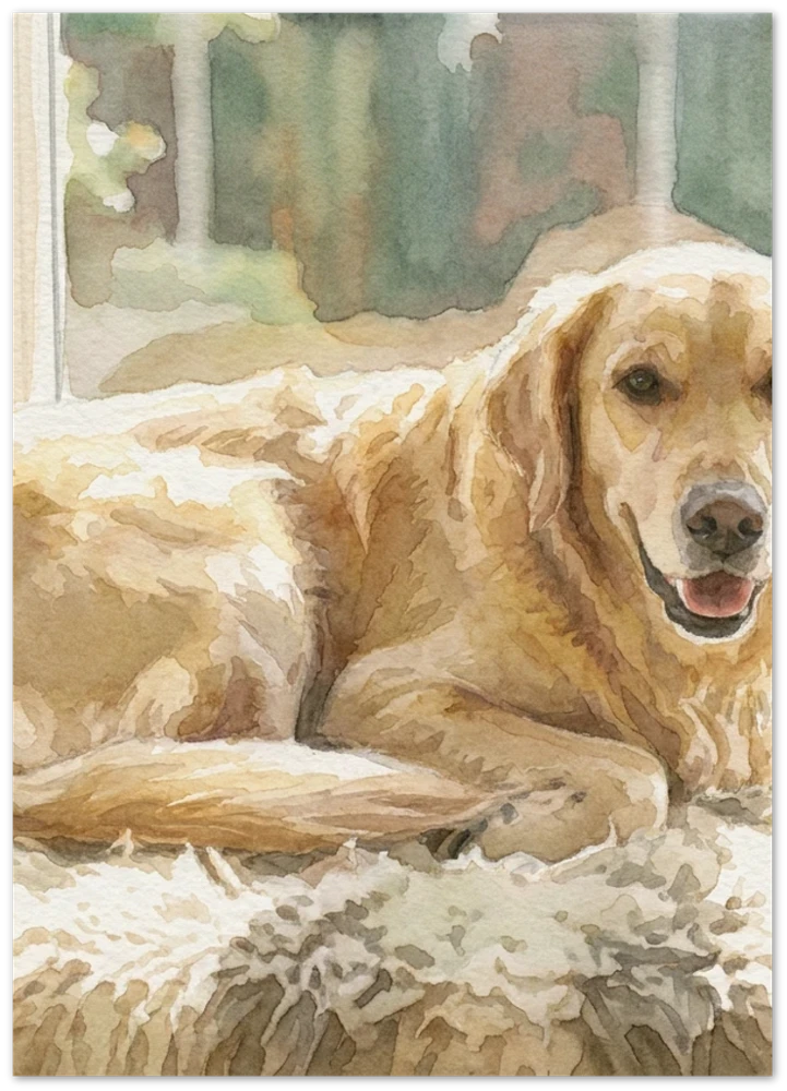 Gelato product render: a watercolour of a golden retriever resting by a window on an unframed paper print