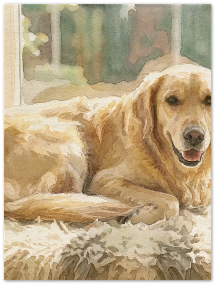 Gelato product render: a watercolour of a golden retriever resting by a window printed on a frameless wood panel