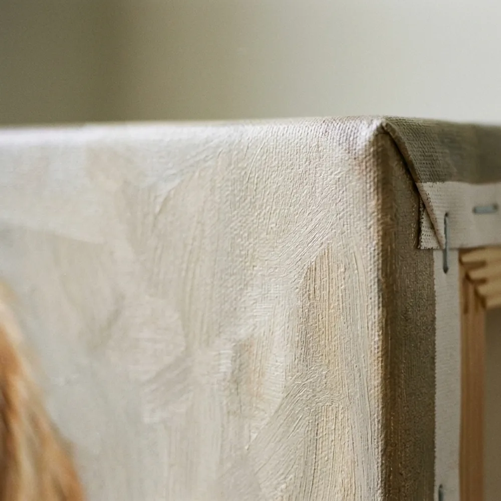 Corner of a gallery-wrapped canvas print showing texture and deep wrap