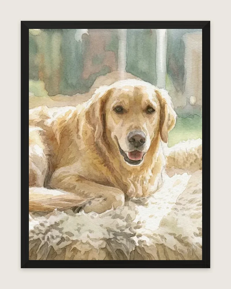 Example product render: our sample watercolour portrait of a golden-coated dog as a canvas in a black wood frame, seen face-on.