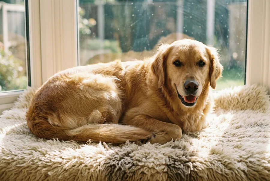 A golden retriever lying on a sheepskin bed in a bay window — an ordinary photograph taken at home.