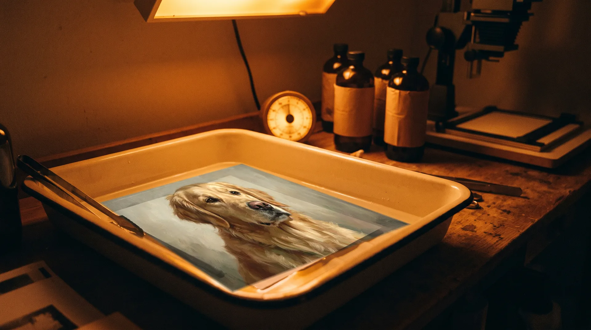 The same dog painted as an oil portrait, lying in the developer tray.